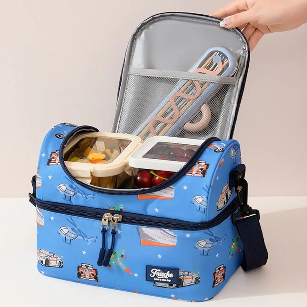 Durable Double-layer Lunch Bag Leakproof Waterproof Insulated Lunch Box Cartoon Large Capacity Students Cooler Bag for Pupils