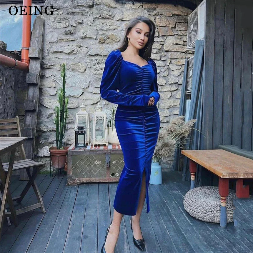 OEING Royal Blue Velvet A Line Evening Party Dresses Off The Shoulder V Neck Arabic Women Prom Gowns Formal Night Event Dress