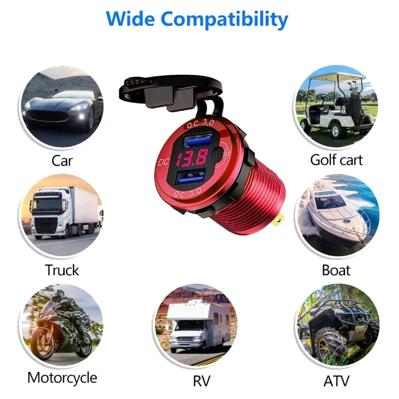 

Dual QC3.0 Aluminum Car Charger with Digital Display & Switch, Fast Charger for Car