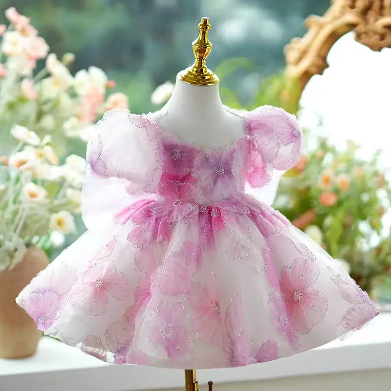 Dreamy Vow Cute Pink Baby Girl Dress Graceful Bowed for Kids Spring Summer Holiday Birthday Party Short Ball Gown J409