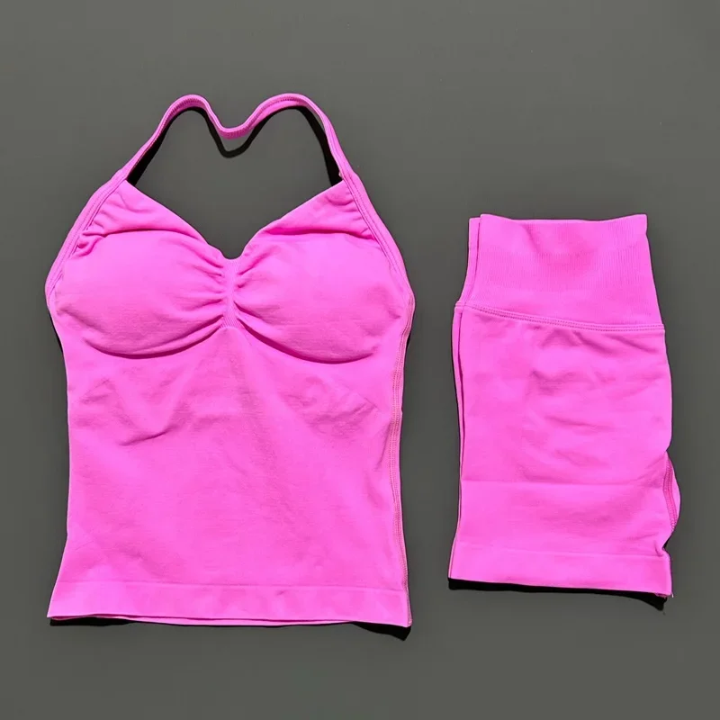2-delige sportset dames, rugloze tanktop yoga tops, high waist scrunch naadloze shorts, sport gym set, sportkleding workout set