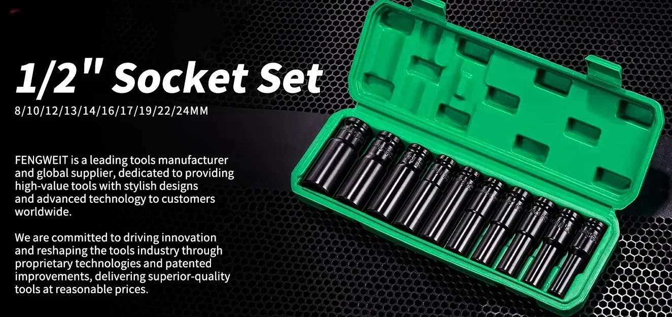 10-teiliges 1/2"-Antriebs-Steckschlüssel-Set, metrisch 8-24 mm, CR-V-Stahl, 6-Eck-Verlängerungsschlüssel mit Koffer für die Autoreparatur, Elektroschrauber – Detail 1