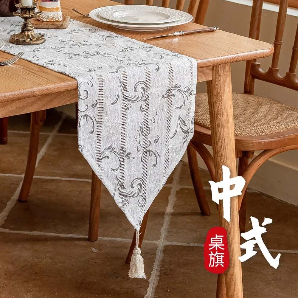Chinese Table Runner White Lace Table Runner Farmhouse Decor Table Runner with Tassels Cotton Linen Jacquard Tablecloth Mat