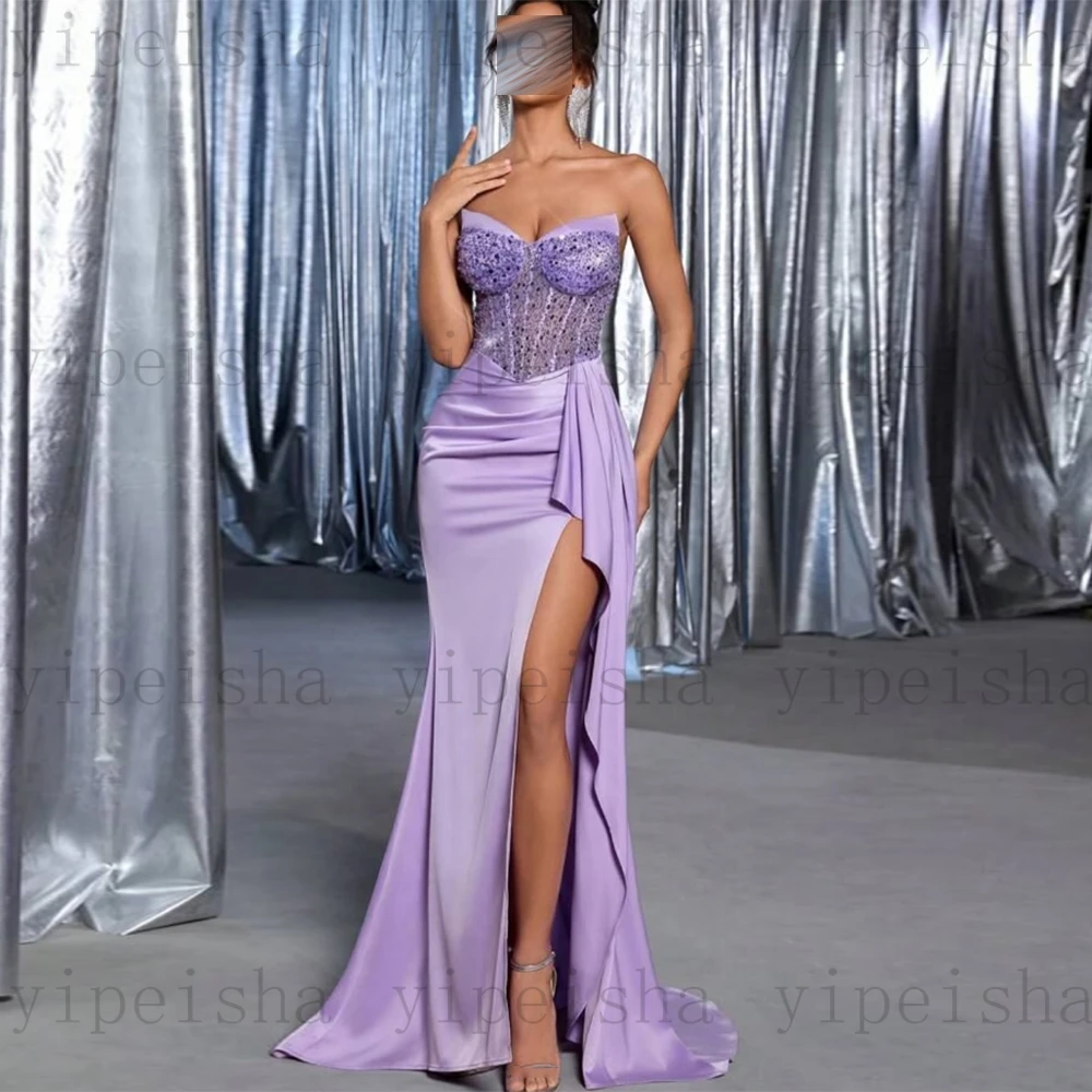 Personalizado sem alças vestidos de noite sem costas lantejoulas miçangas babados lado alta fenda sereia vestido de baile moder longo vestido de festa