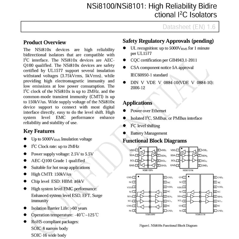 10 PCS NSI8100N SOP8 NSI8100NC NSi81 00N high-reliability dual-channel bidirectional I2C digital isolator chip