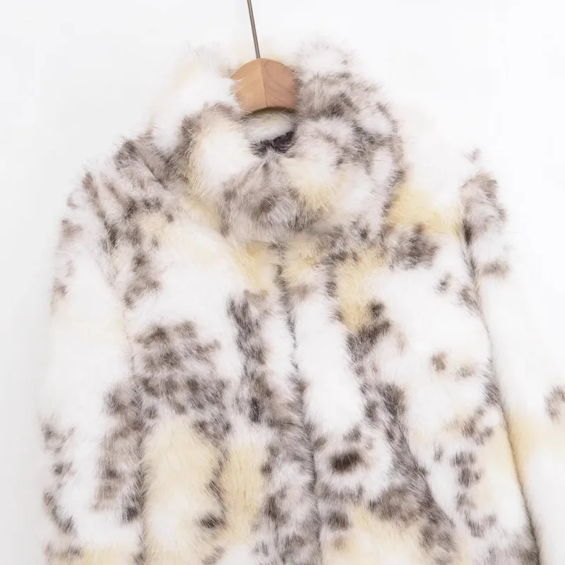 EAEOVNI Moda Inverno Nuova Giacca in Pelliccia Sintetica Donna Contrasto Stampa di Colore Risvolto Manica Lunga Cappotto Streetwear 2025 Abbigliamento Femminile