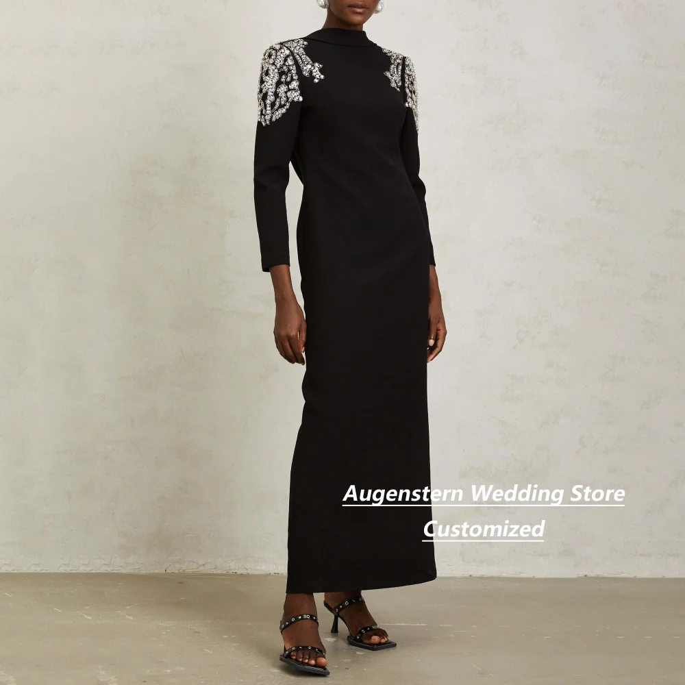 Customized High Neck Long Sleeve Crystal Beaded Evening Dress Women Open Back Rear Slit Buttons Formal Wedding Party Black
