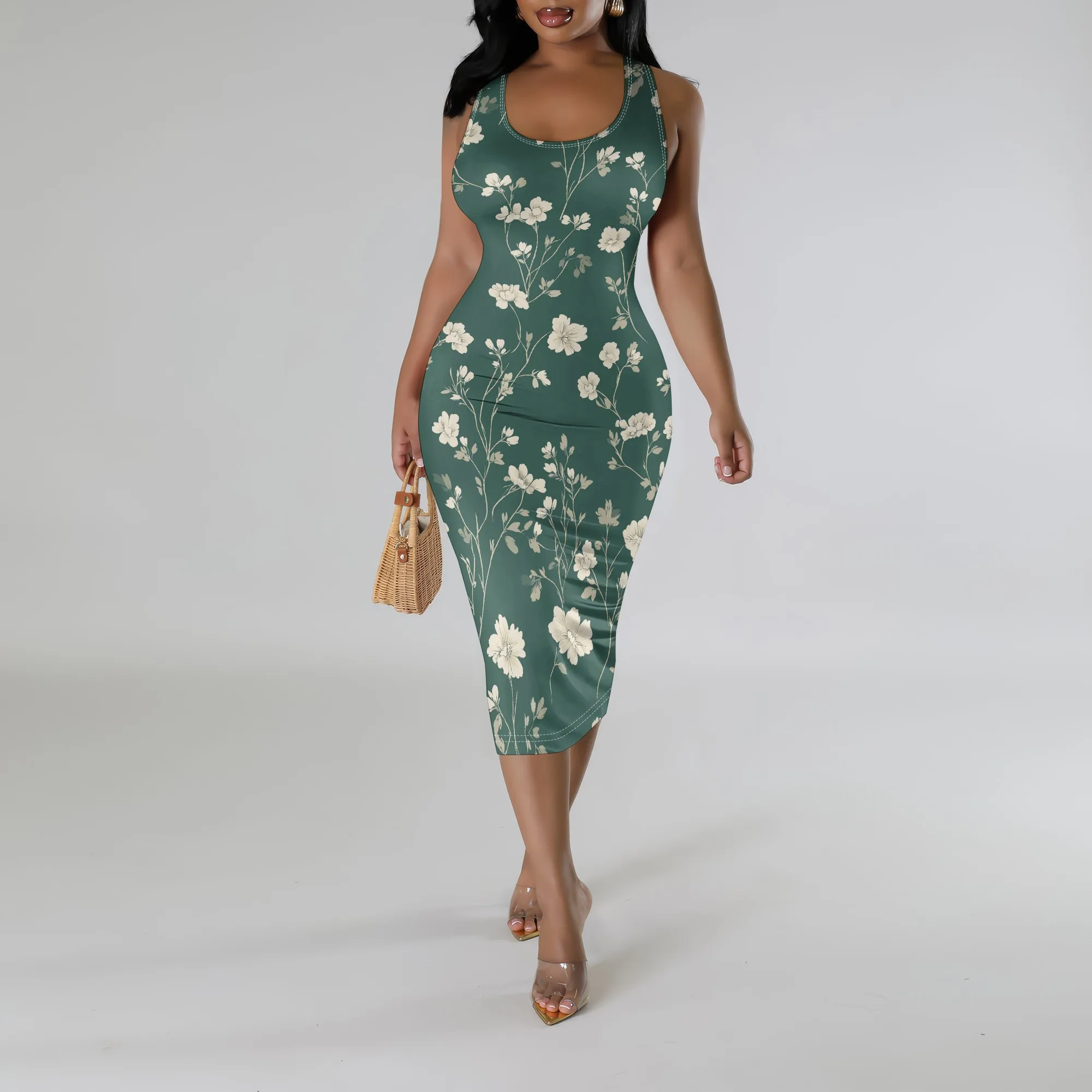 

Women's Sleeveless Floral Print Bodycon Midi Dress S-3XL Elegant Summer Vacation & Garden Party Outfit 2025