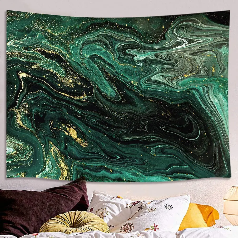 

Marble Tapestry,Green Ocean Texture Wall Hanging for Bedroom, Beautiful Paint and Gold Powder Room Decor