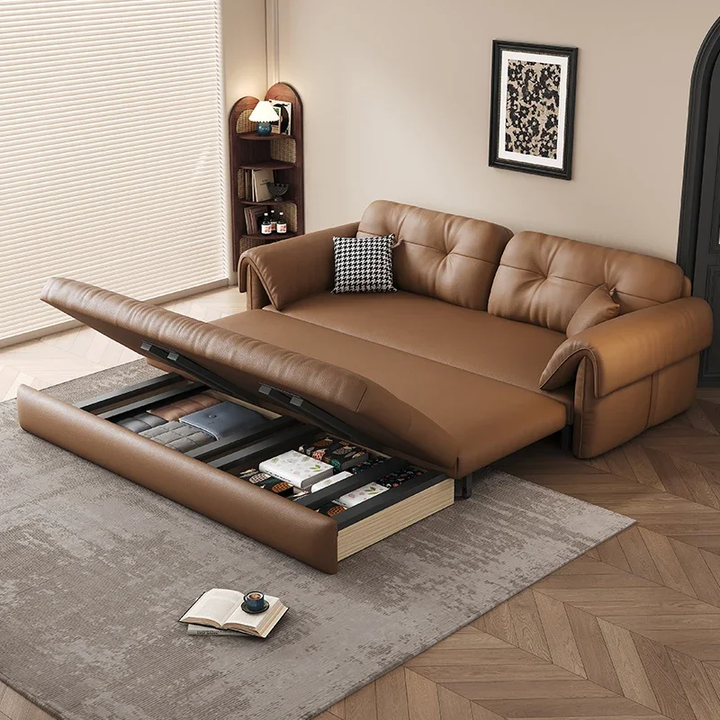 

European Living Room Sofa Bed Brown Faux Leather Italian Modern Sleeper Double Couch Chaise Lounge Small Divano Letto Furniture