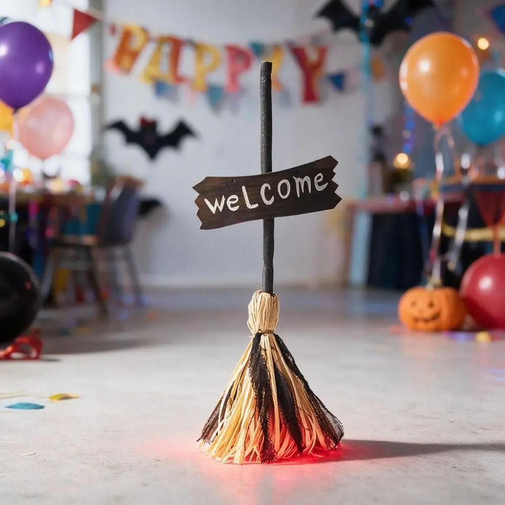 Sprachgesteuerter Halloween-Hexenbesen mit LED-Licht, Leuchtender Halloween-Elektrobesen mit Flexiblem Griff und Willkommensschild – Detail 10