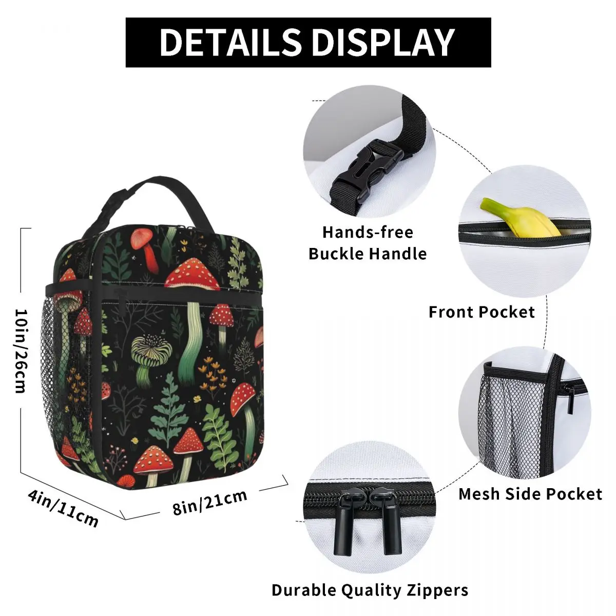 Plant Mushroom Pattern Insulated Lunch Bag for Kids School Cooler Thermal Food Box Tote Leakproof Lunch Boxes Container