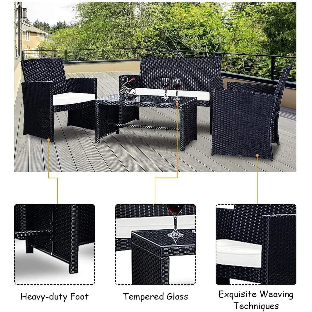 4-teiliges Rattan-Sofa-Set mit weichen Kissen, Tisch aus gehärtetem Glas, Terrassenmöbel, Garten-Lounge, modulares Design