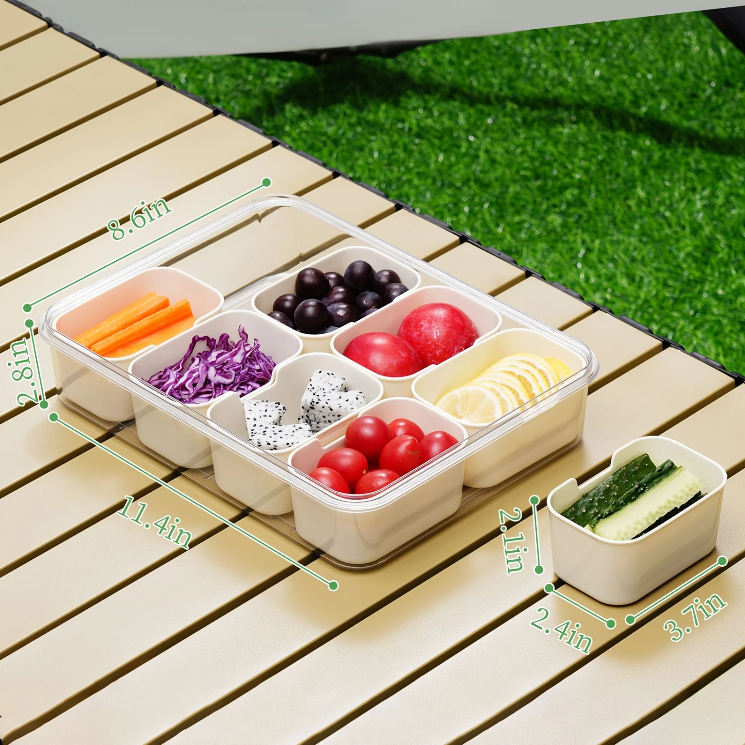 2pc, Multi-Compartment Box With Handle, Plastic Food Serving Tray With Lid, Stackable Fruit And Vegetable Container, 8 Detachabl