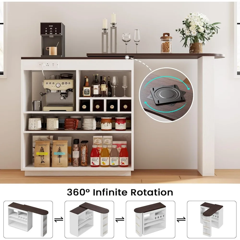 Rotating 360° Home Bar Cabinet with Storage and Power Outlet, Multipurpose Breakfast Bar, Sideboard, Coffee Table