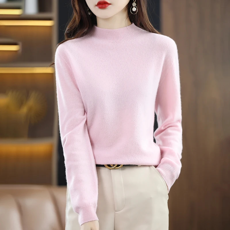 2024 New Half High Solid Color Cashmere Sweater Women Loose Pullover Autumn and Winter  Basic Cashmere Sweater Women