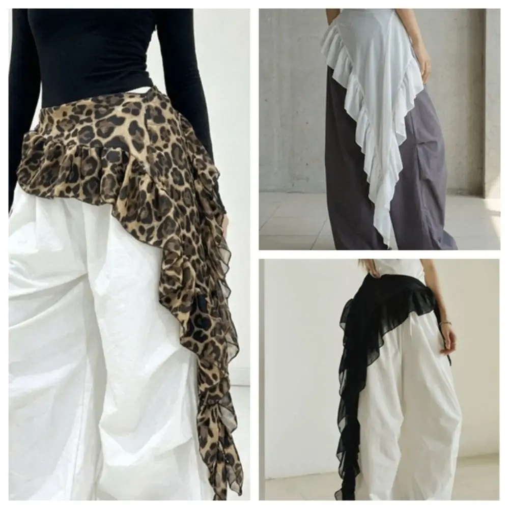 

Solid Color Butt Curtain Skirt High Waist Leopard Print Ruffles Trim Butt Curtain Waist Scarf Irregular Hem Mini Apron Adult