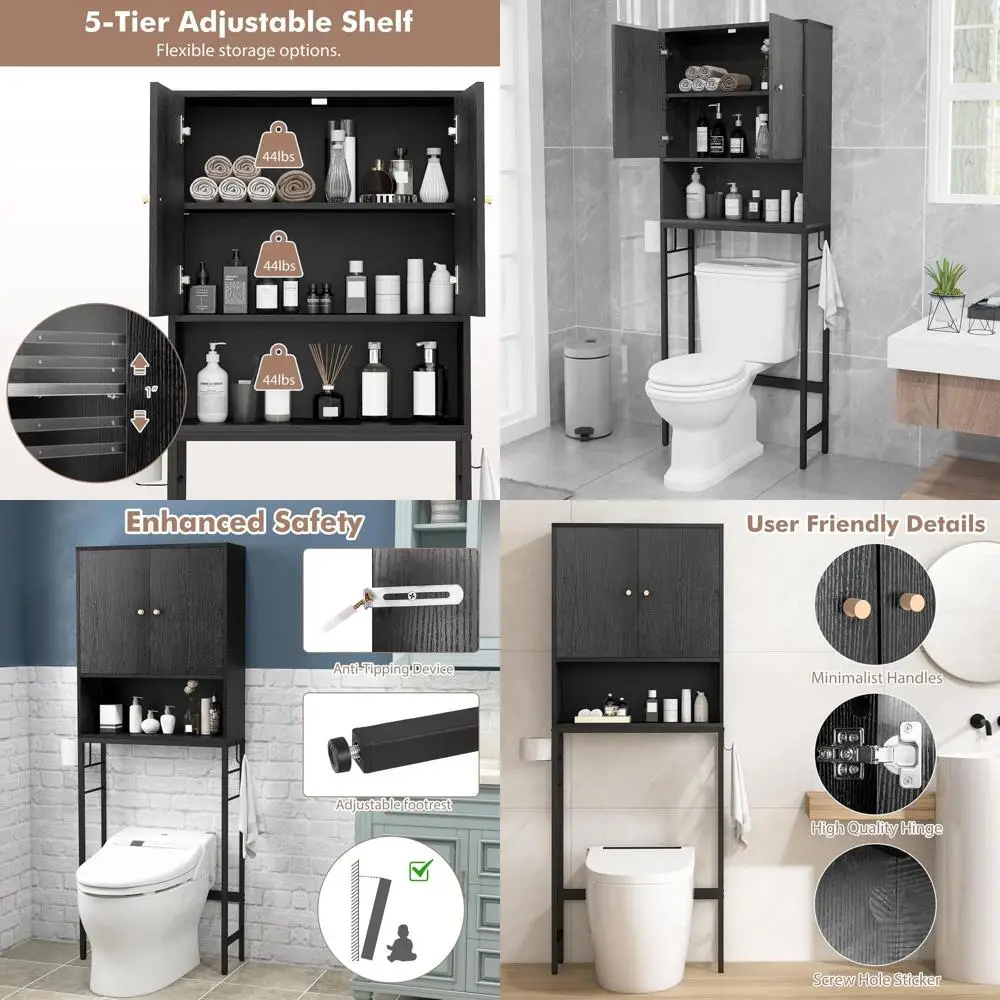 

Freestanding Toilet Storage Cabinet with 2 Doors, Metal Stand, Hooks, Space-Saving Organizer for Bathroom