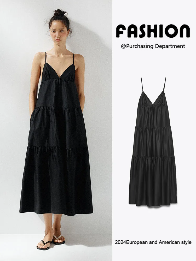 

Faionable Midi Dr ZA2025 Summer New Women's High Waist Strap V-Ne Splicing Ele Aosphere Gown for Banquet