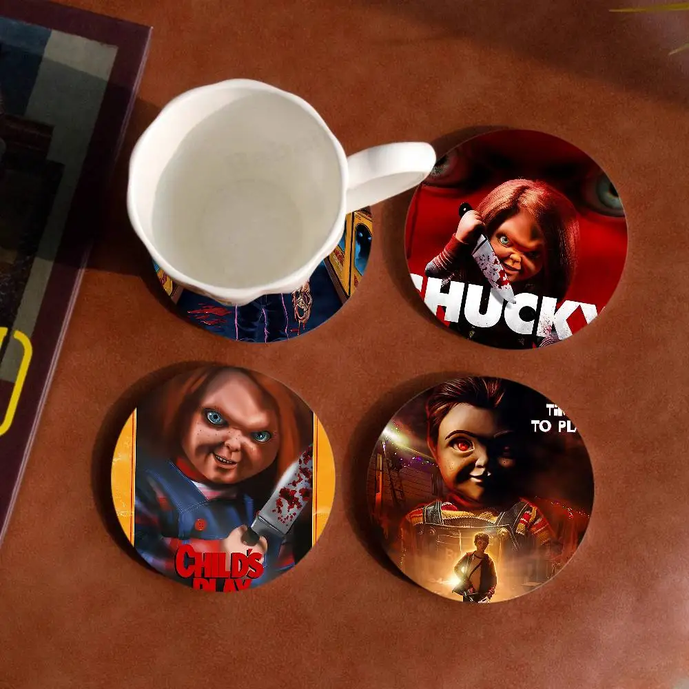 C-Chucky Horror Movie Natural Wood Coaster Creative Cartoon Absorbent Cushion Coffee Mug Bowl Cushion Insulation Cushion