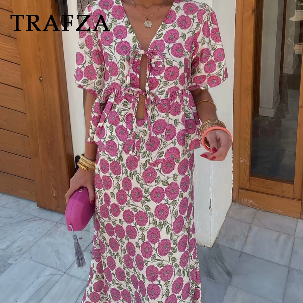 

TRAFZA Chic Print Women Suist Pleated Short Lace-up Shirt+Elastic Waist Draped Long Skirt Fashion 2025 Summer Holiday Flower Set
