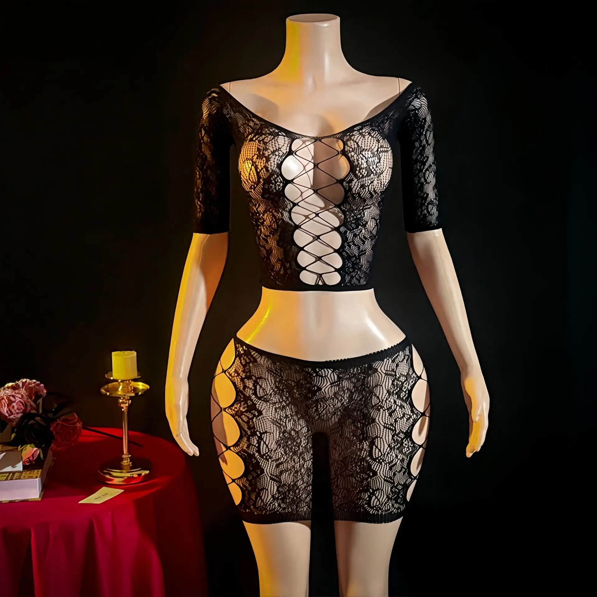 Black Lace Up Crop Top And Shorts Two Piece Set Hollow Out Mesh Outfits For Women Clubwear Sexy Two Piece Set Outfit