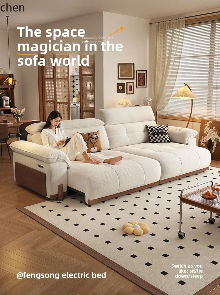 PYH Cream Vintage Style Electric Functional Sofa Bed Chenille Straight Row Living Room Fengsong Extendable Bed