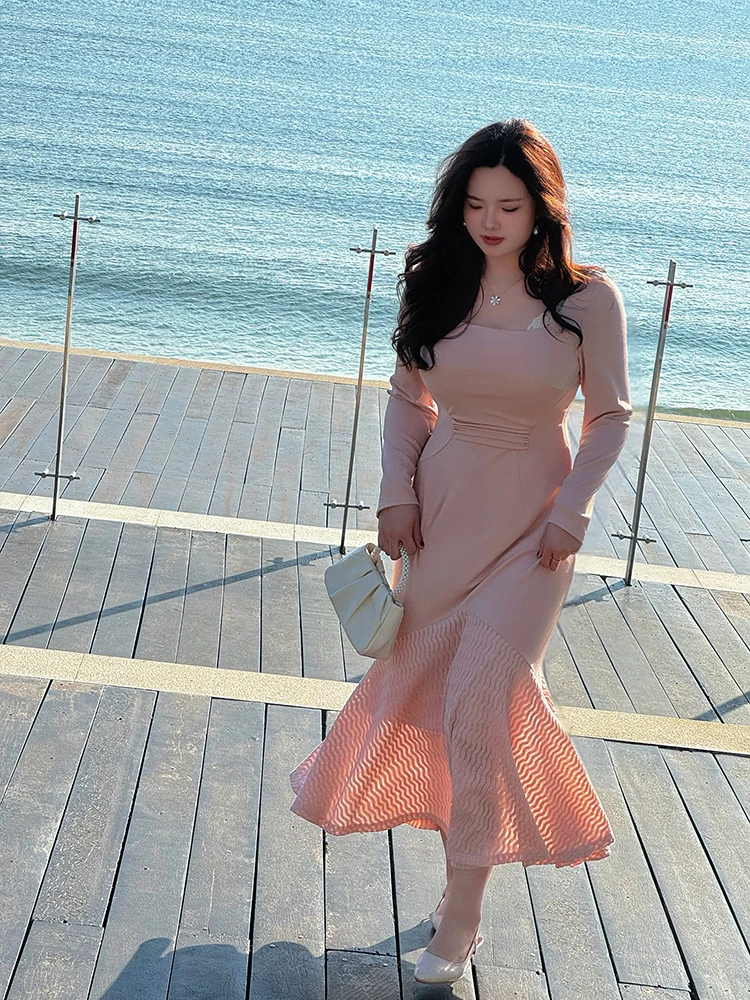

Elegant Eastern Women's plus Size Dress Fish Tail Long Sleeve Midi Dress Ladylike Personality Large Collar Commute Style Q8291