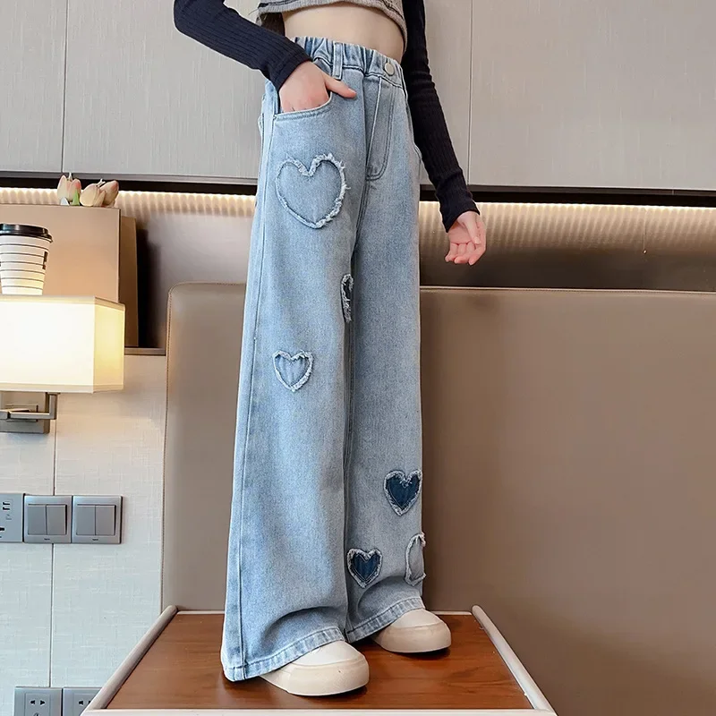 Jeans for Girls Fashion Loose Autumn 2024 Teen Kids Wide Leg Pants Casual All-match 13 14 15 Years Children Straight Trousers