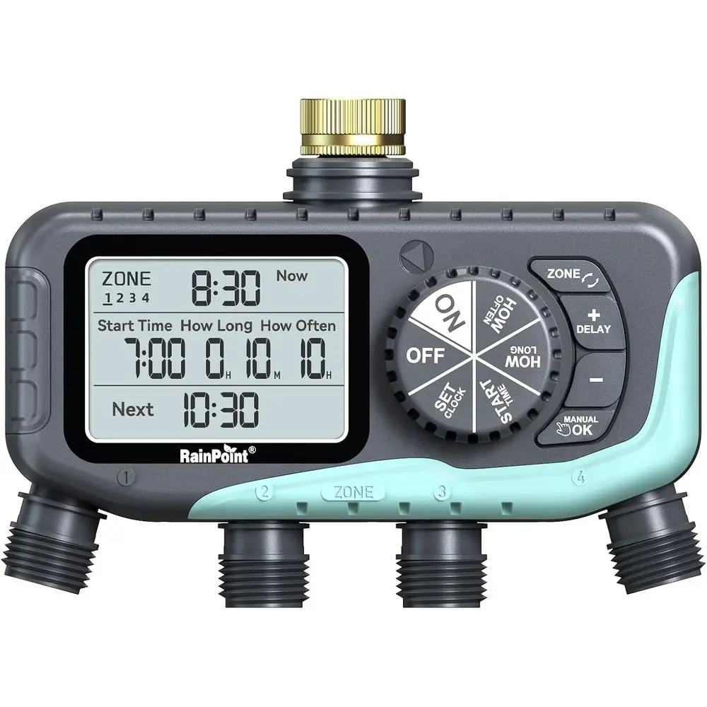 

4-Zone Digital Sprinkler Timer with Rain Delay, Manual/Auto Modes for Lawn Irrigation and Soaker Hoses