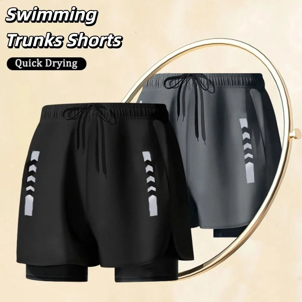 

Double Layer Swimming Trunks Shorts Anti Glare Mid Waist Men Sports Training Shorts Surfing Pants Short Pants