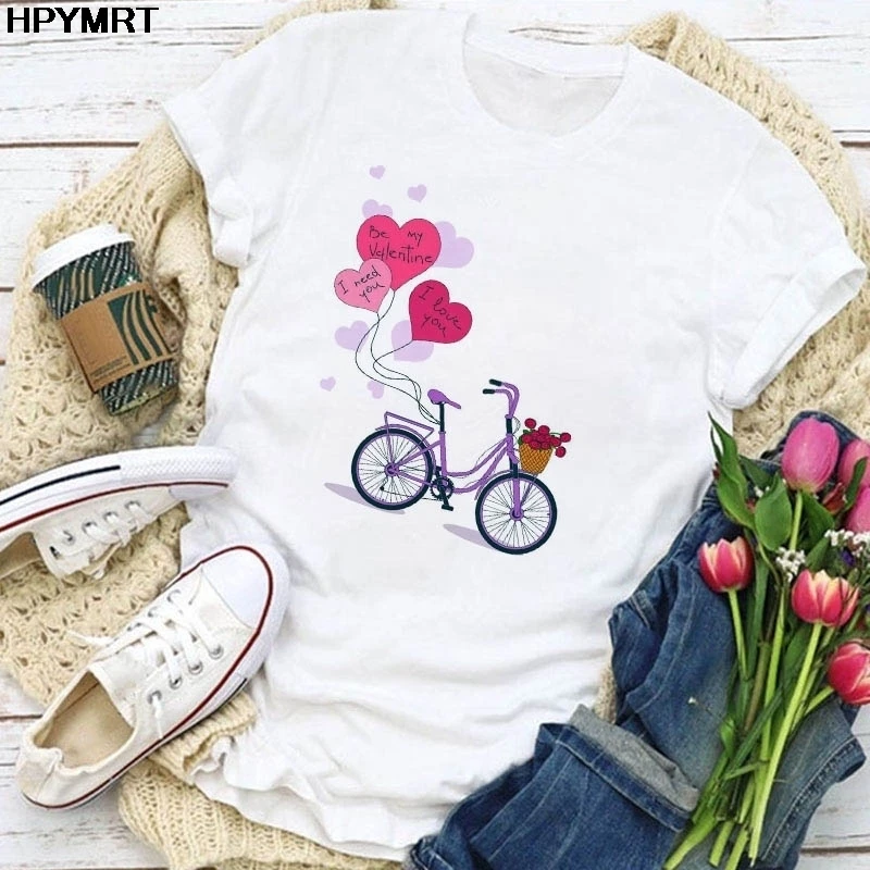 Flower bike Print Women tshirt Short Sleeve Clothes Ladies Womens T Shirt Graphic Tops Clothing fashion Female T-shirts woman