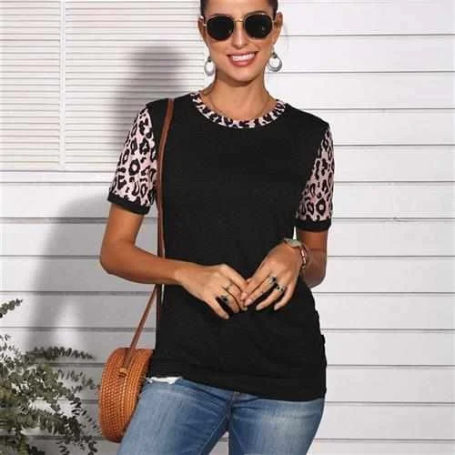 

Leopard Print round Button Tirt Women's ort Sve Slim Fit Cotton Summer Faion Casual Top Universal Sle