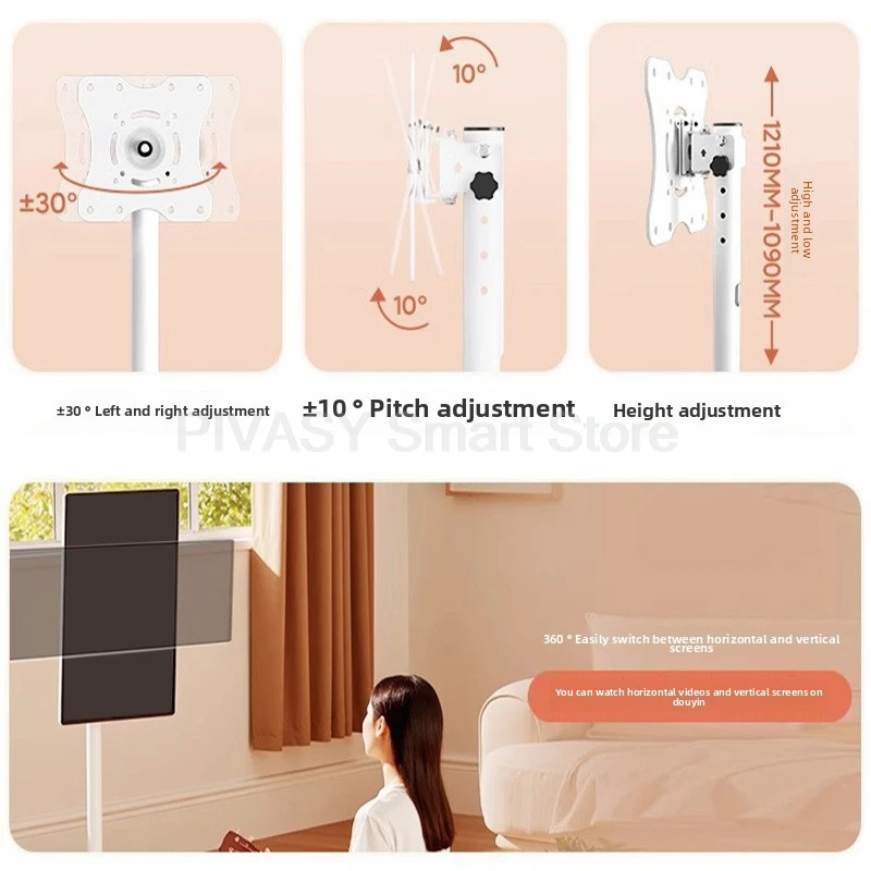 In hoogte verstelbare tv-standaard Mobiele monitorhouder 360° °   Roterend wit staand kunstdisplayrek voor scherm van 10 tot 46 inch