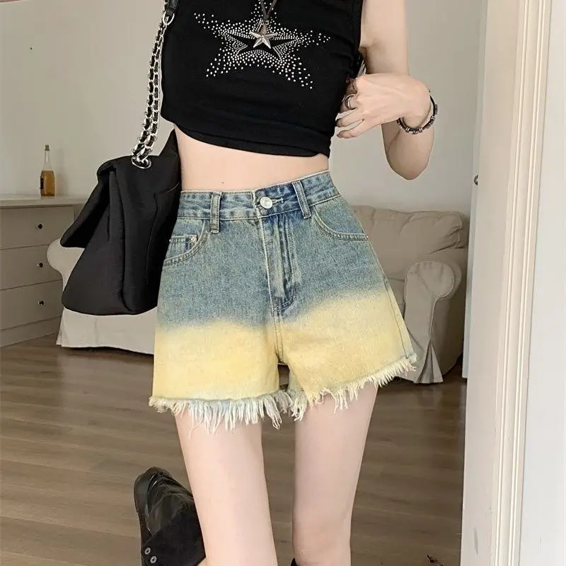 2024 Summer Women'S Korean Hot Chick Fashion Vintage Gradient High Waist Denim Short Pants Female Casual Sexy Jeans Shorts