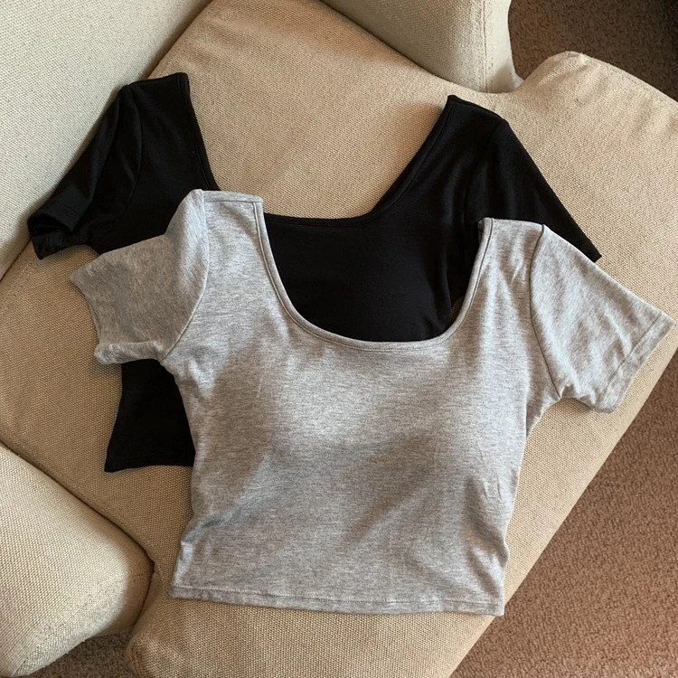

Women's Deep U Neck Padded Crop Top | Slim Fit Short Sleeve Tee | Y2K Backless Casual Streetwear Korean