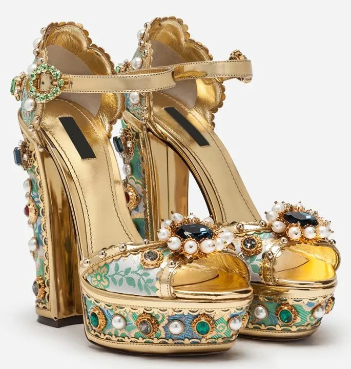 Women Embroidery Platform Heels Crystal Jewelled Chunky Heel Sandals Rhinestone Pearl Luxury Wedding Shoes Big Size 42