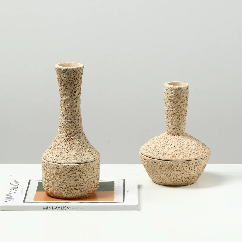 Wabi Sabi style cave stone texture long neck ceramic vase decoration, foyer TV cabinet home decoration jar decoration home decor