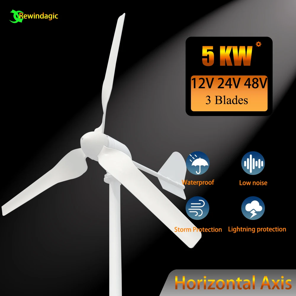 

5000W Wind Turbine 12v 24v 48v Generator Low Start Windmill Speed Free Alternative Energy 3 Blades With MPPT Hybrid Controller