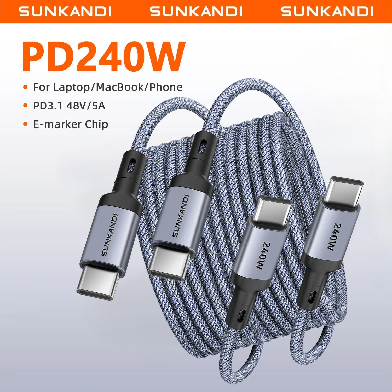 SUNKANDI 240W USB C Cable(2Pcs), 240W Fast Charging Type C Charger Cord for iPhone 17 16, iPad, MacBook Pro, Galaxy S26, Laptop