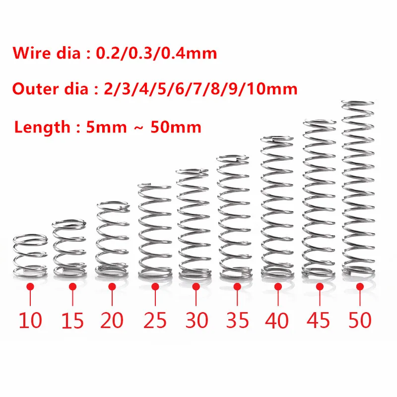 10pcs 304 Stainless Steel Micro Small Compression Spring Wire dia 0.2mm 0.3mm 0.4mm OD 2/3/4/5/6/7/8/9/10/12mm Length 5mm-50mm