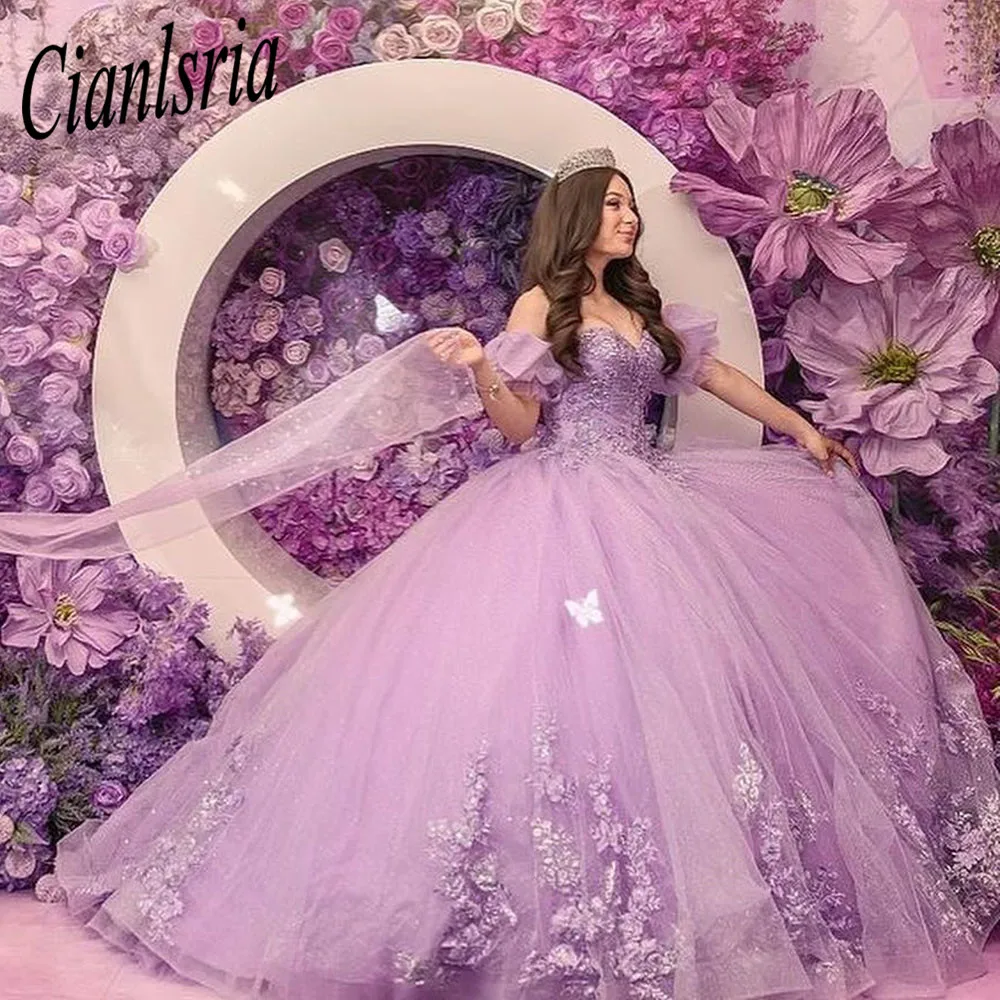 Vestido De quinceañera púrpura para niña, vestido De baile para niña dulce, flores en 3D, cuentas De XV Años, vestido De fiesta De cumpleaños