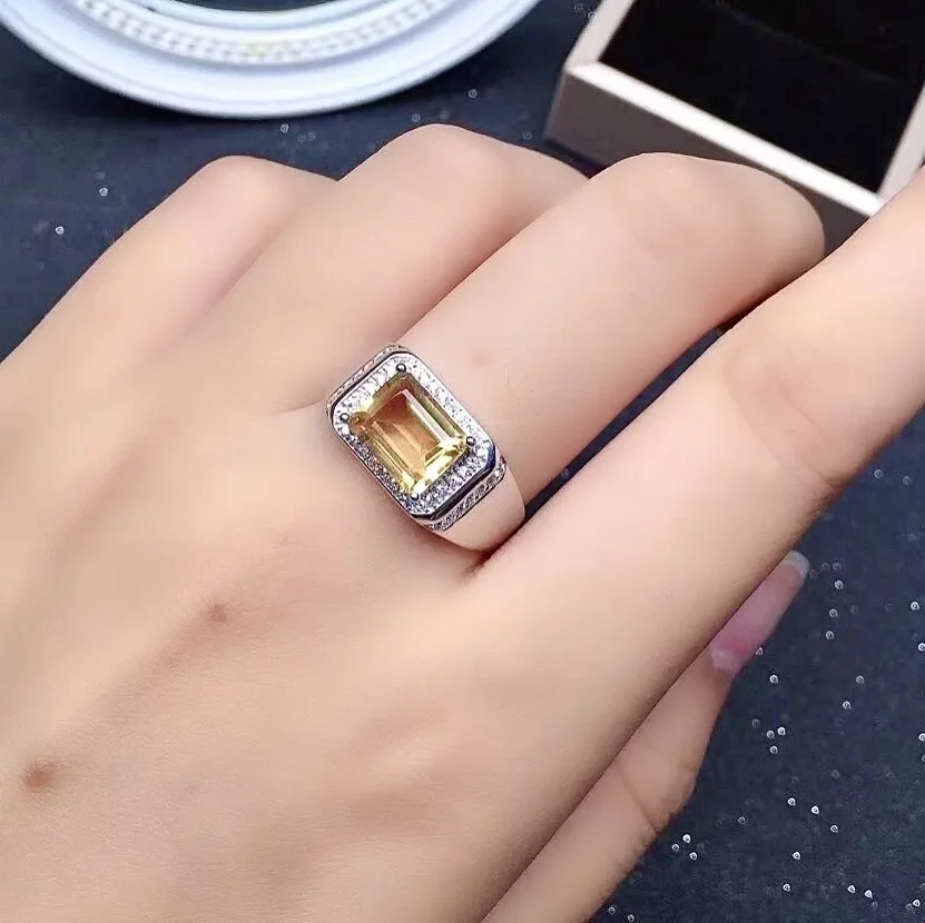 

7mm*9mm VVS Grade Natural Citrine Ring for Man Solid 925 Silver Man Ring Fashion Sterling Silver Man Crystal Ring