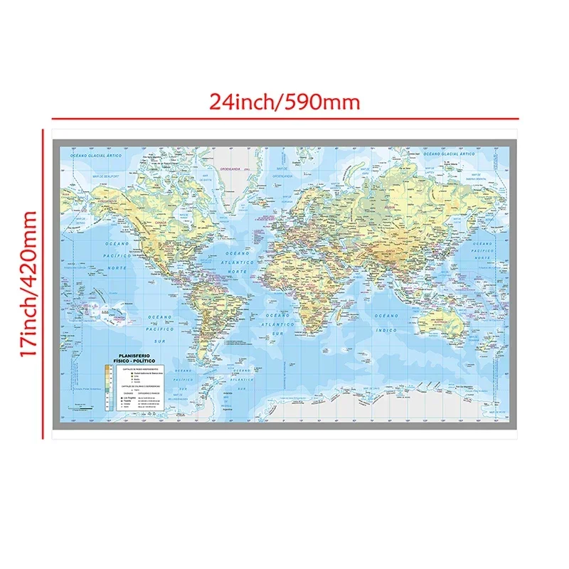 Mapa świata w rolce Tło bez ramki 59x42cm w języku hiszpańskim na płótnie Prezent idealny do salonu, gabinetu, sypialni i biura
