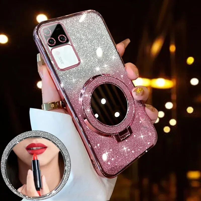 Luxury with Mirror Bracket Bling Glitter Clear Cover for Vivo V30 Lite Pro V21 V21E Y22 Y02 Y35 Y16 Y03 Shoockproof Protect Case