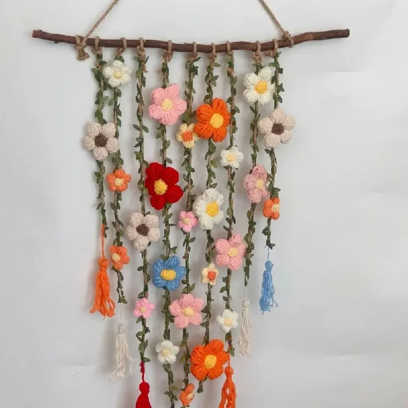 Handmade Crochet Floral Vine Wall Hanging Natural Wooden Branch Colorful Flowers Hand Knit Flower Tapestry Macrame Style Rustic