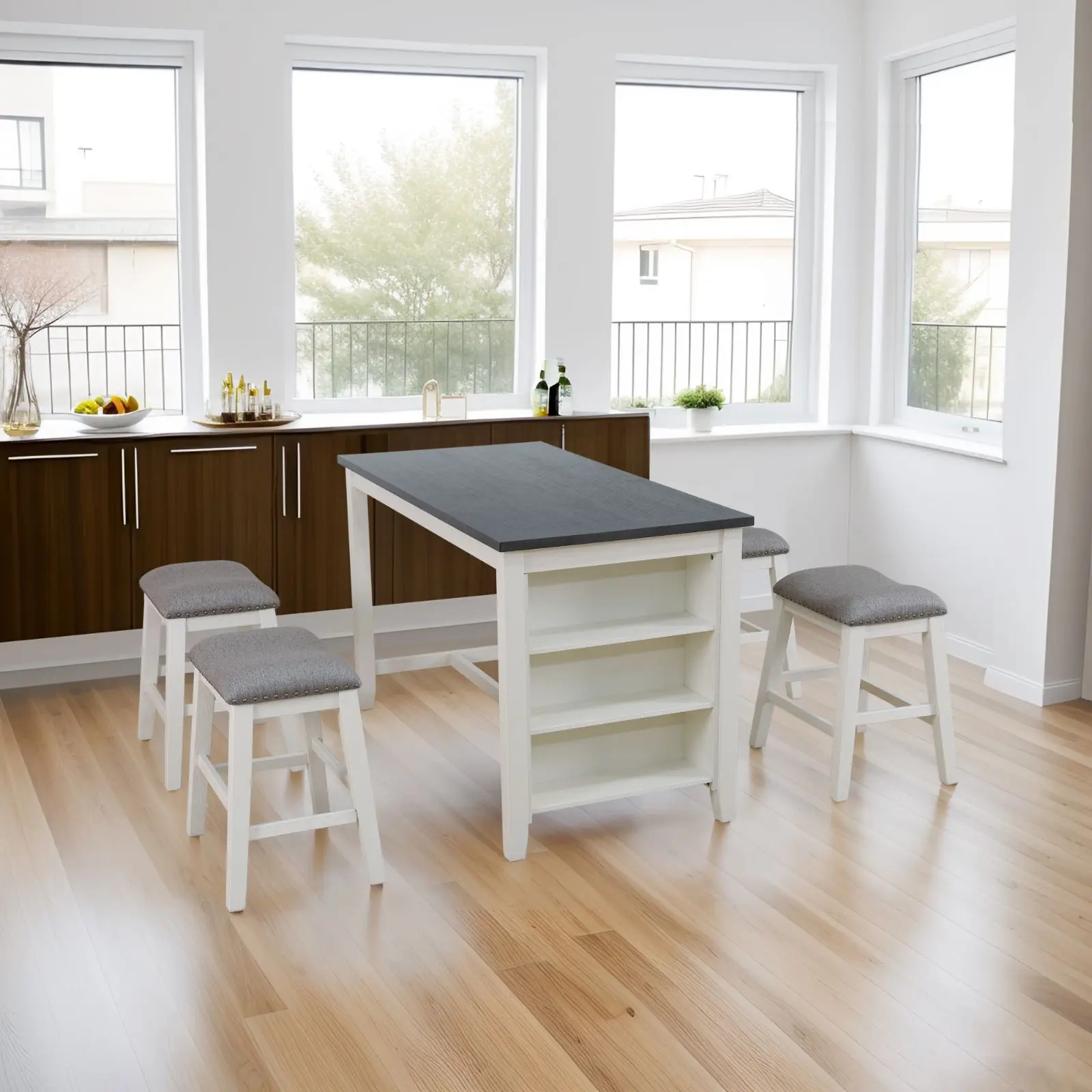 مجموعة طاولات المزرعة الحديثة 60 بوصة طاولة من خشب البلوط مع 4 كراسي منجدة ديكور أظافر نحاسي قماش مقاوم للماء لمطعم الأسرة