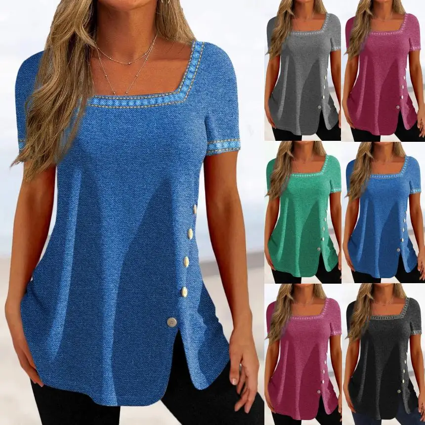 Woman's Tshirts Superior Quality spring/summer Cotton Square Neck Buttons Solid Color Ladies Top t-shirt Dropshipping BKL1169