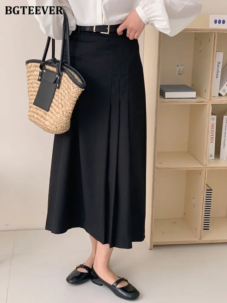 BGTEEVER Spring Summer Chic Loose Irregular Pleated Skirts Women Elegant High Waist Solid Female A-line Skirts