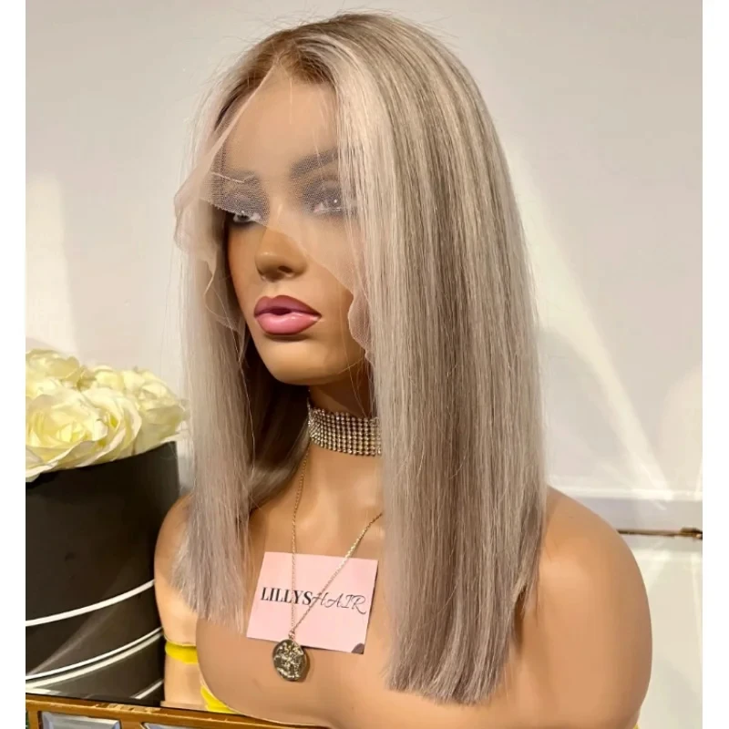 Short Wig Ombre Brown Balayage Blonde Streaks Soft HighLights Lace Front Wigs Straight Bob Wig Synthetic Premium Fibre Wig 14